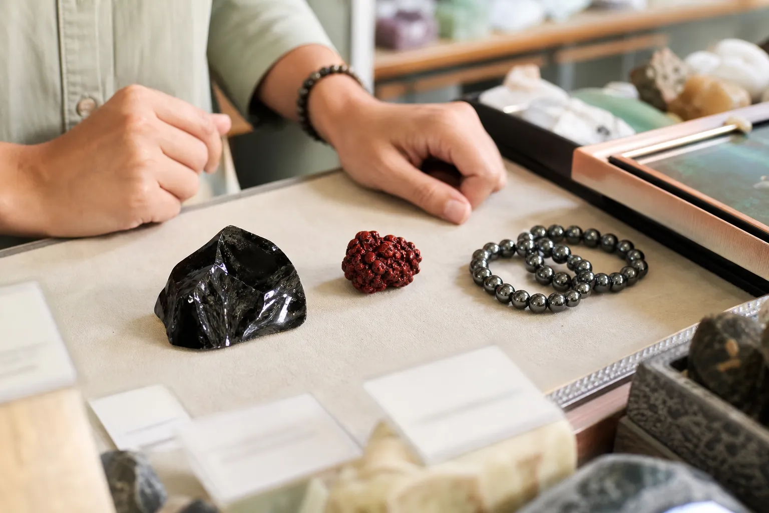 A crystal shop counter where obsidian, cinnabar, and hematite pieces are being compared with unreadable note cards