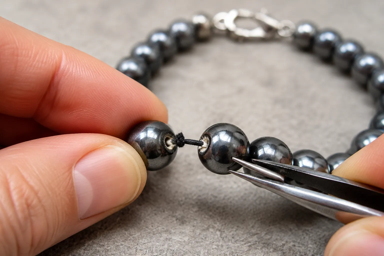 Hematite bracelet bead hole and stringing being checked for cracks, fraying, and tension