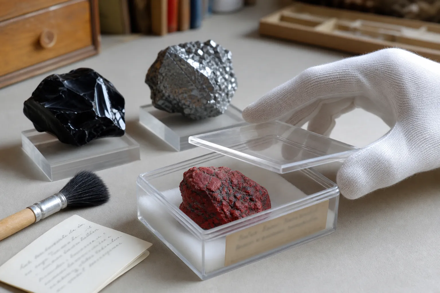 A cinnabar-labeled red piece set apart from black obsidian and hematite for careful handling