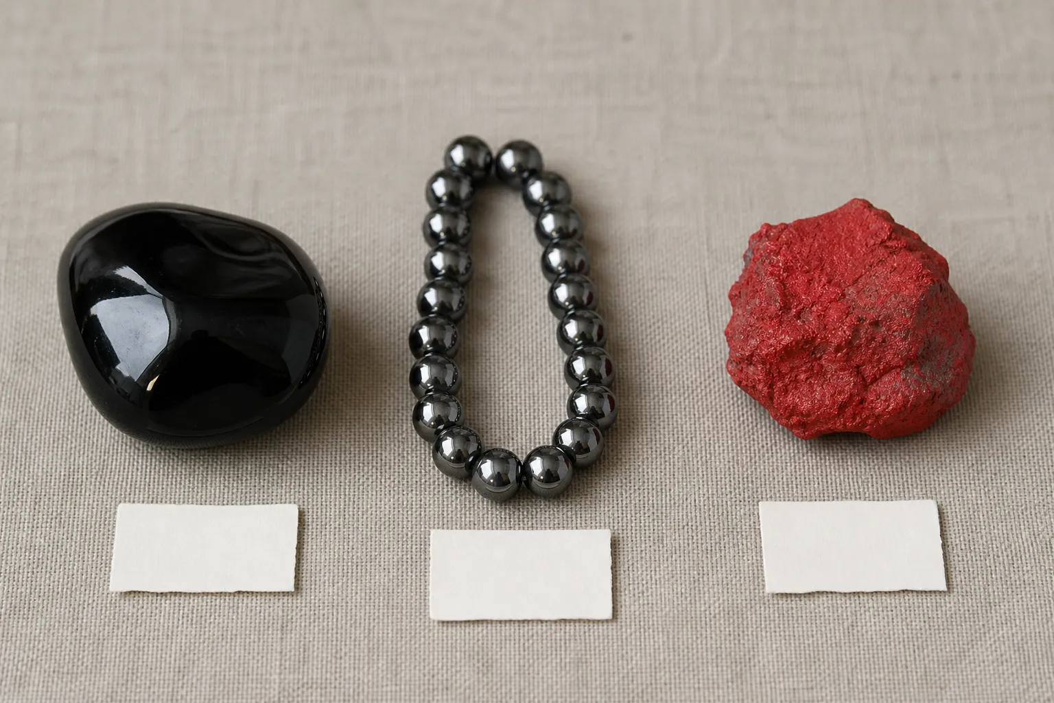 Black obsidian, hematite, and cinnabar pieces arranged for a side-by-side meaning comparison