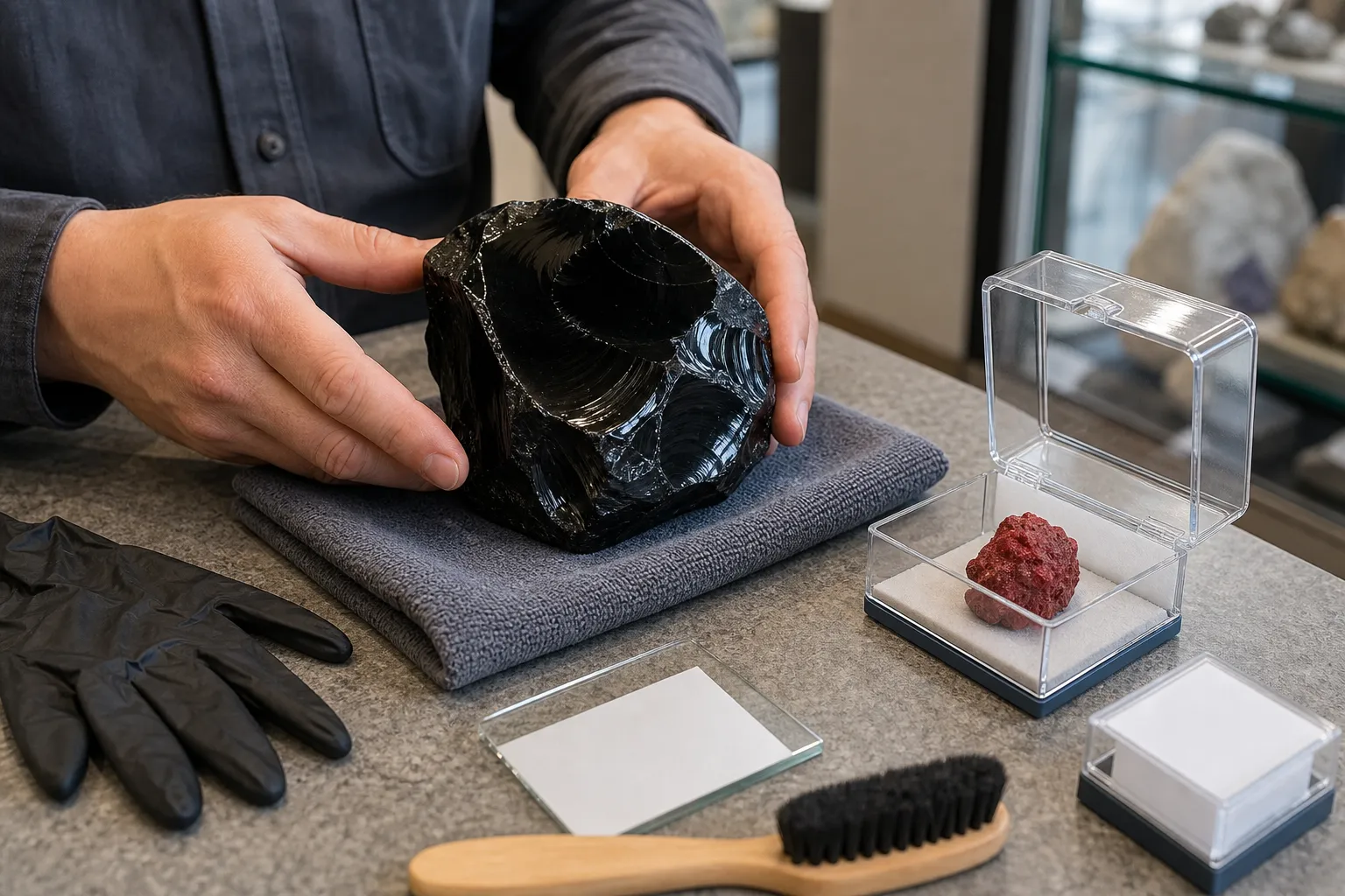A red cinnabar object kept separate for cautious handling while polished black obsidian is treated like glass