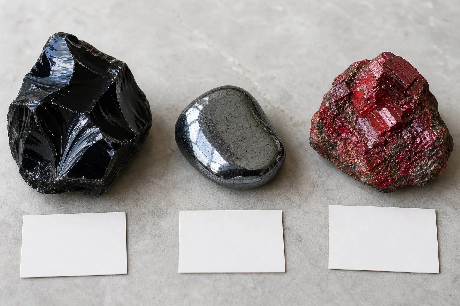 Black obsidian, hematite, and cinnabar shown as separate materials for comparison