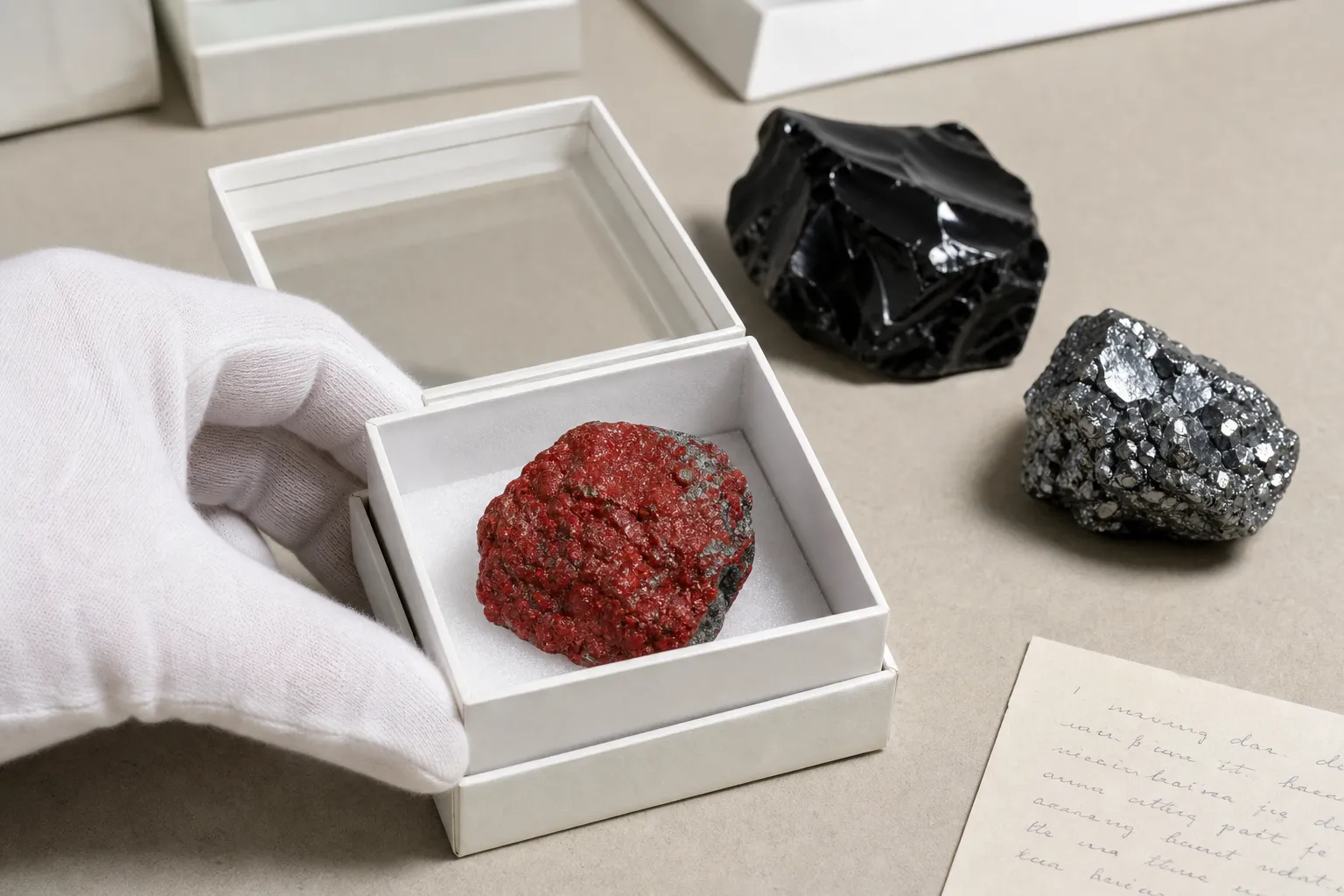 Cinnabar handled separately from black obsidian and hematite to show the added care boundary