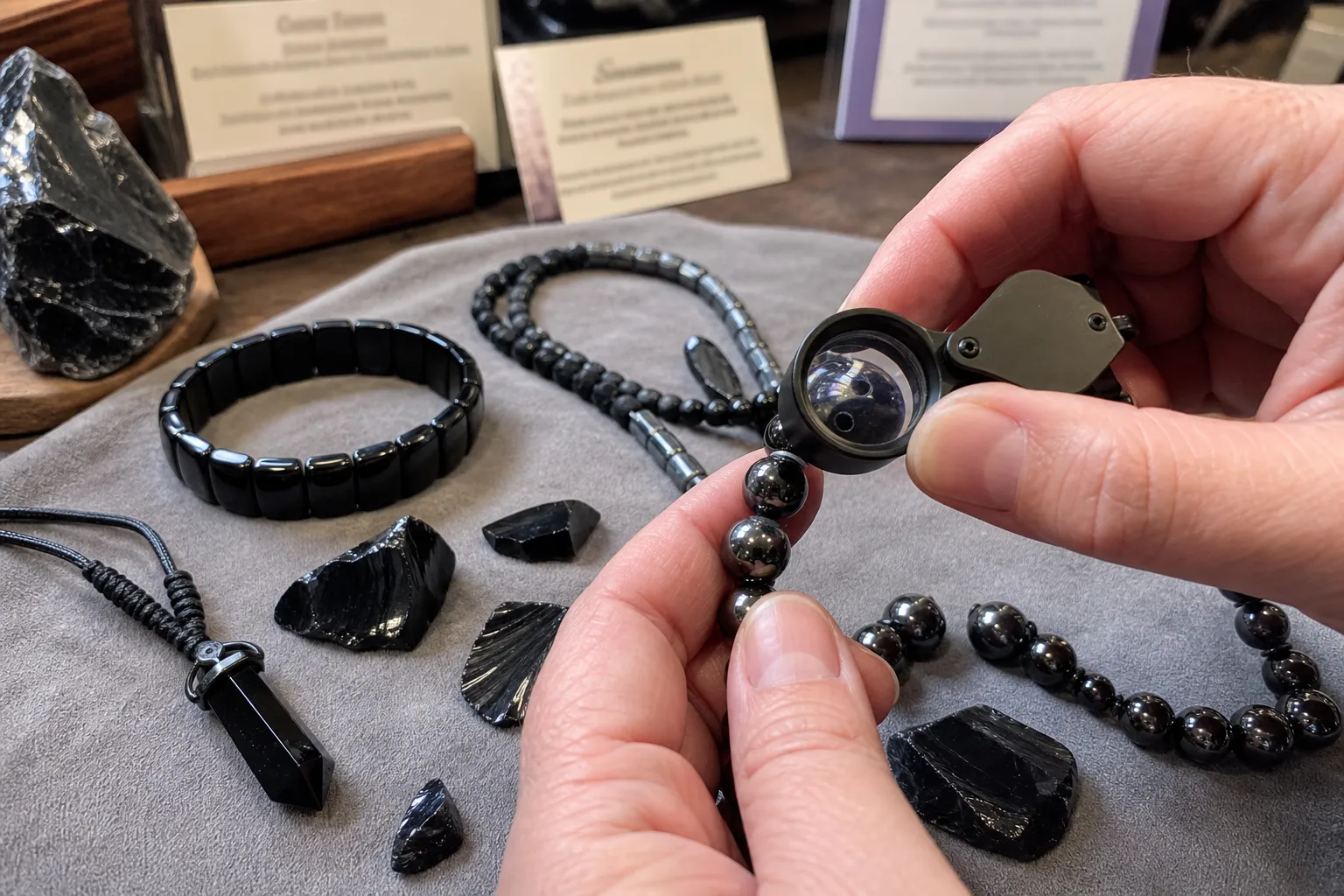 Obsidian jewelry and hematite beads being checked for chips, coating changes, edges, and seller wording