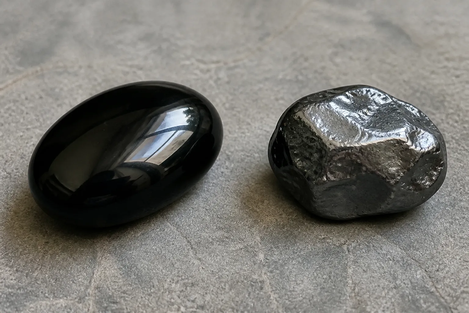 Polished black obsidian beside metallic hematite showing the main symbolism contrast between protection and grounding