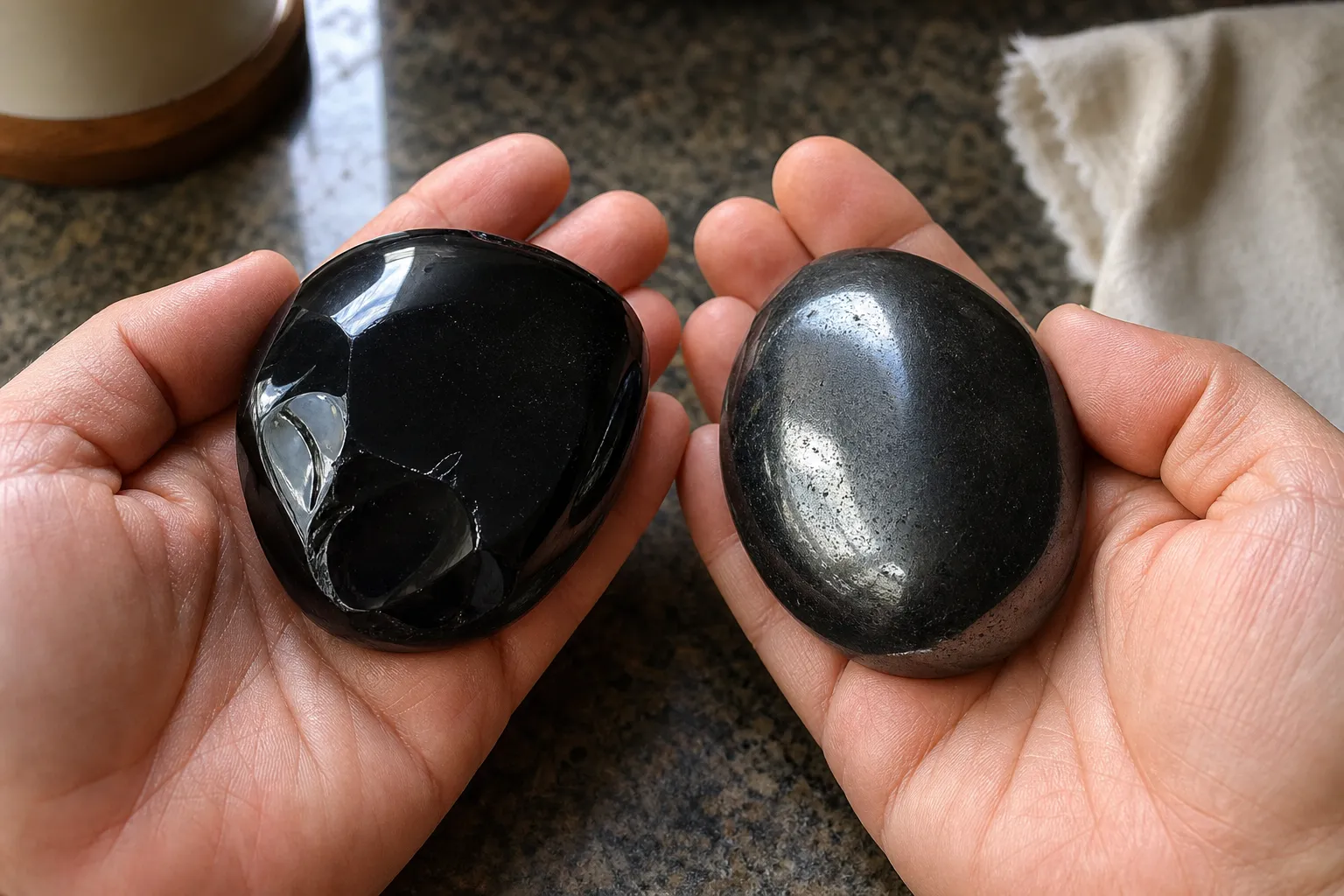 Polished black obsidian and hematite pieces compared by glassy shine, metallic shine, and hand weight cues