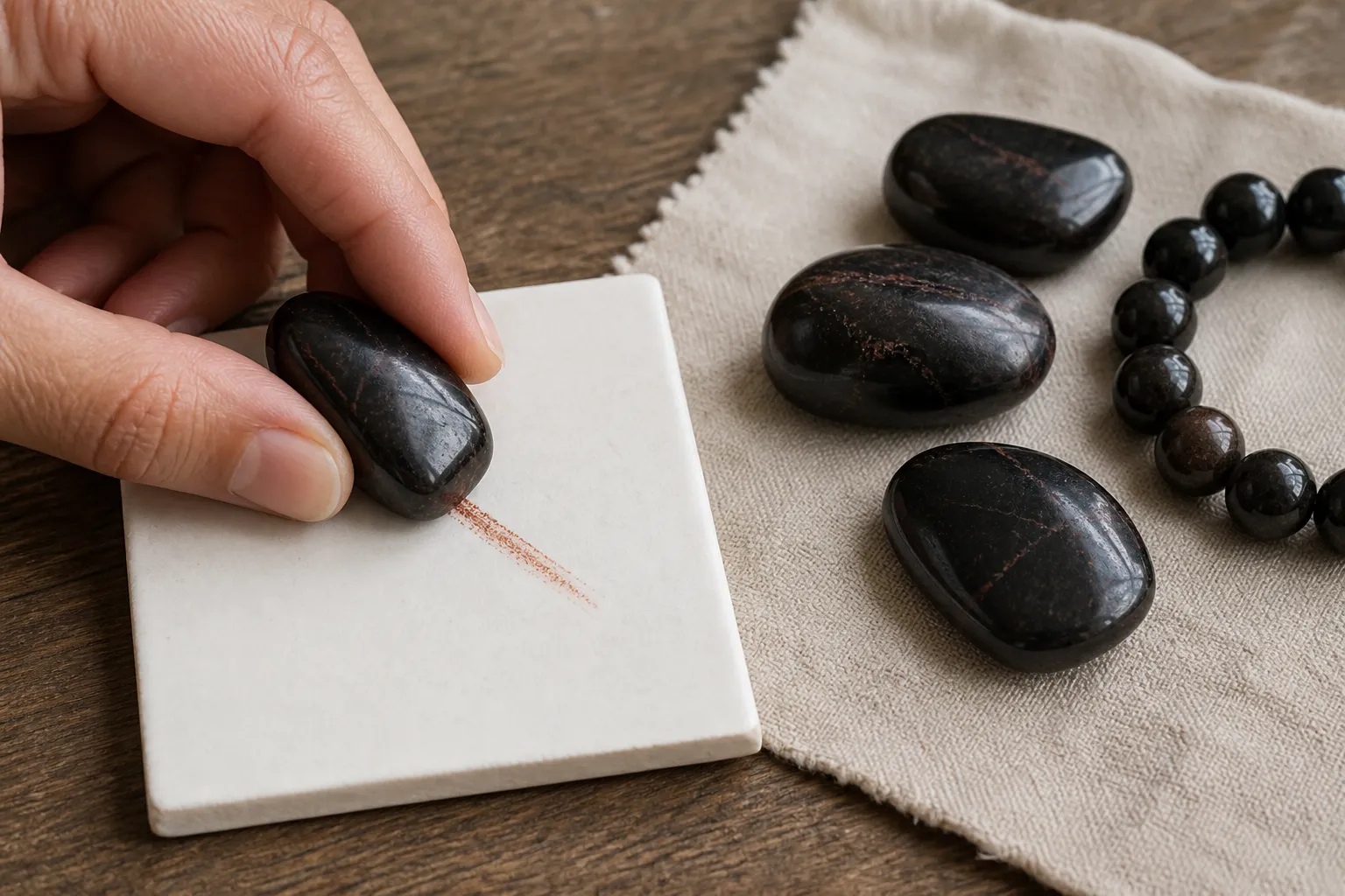 A careful streak check for hematite on unglazed porcelain beside polished dark stones