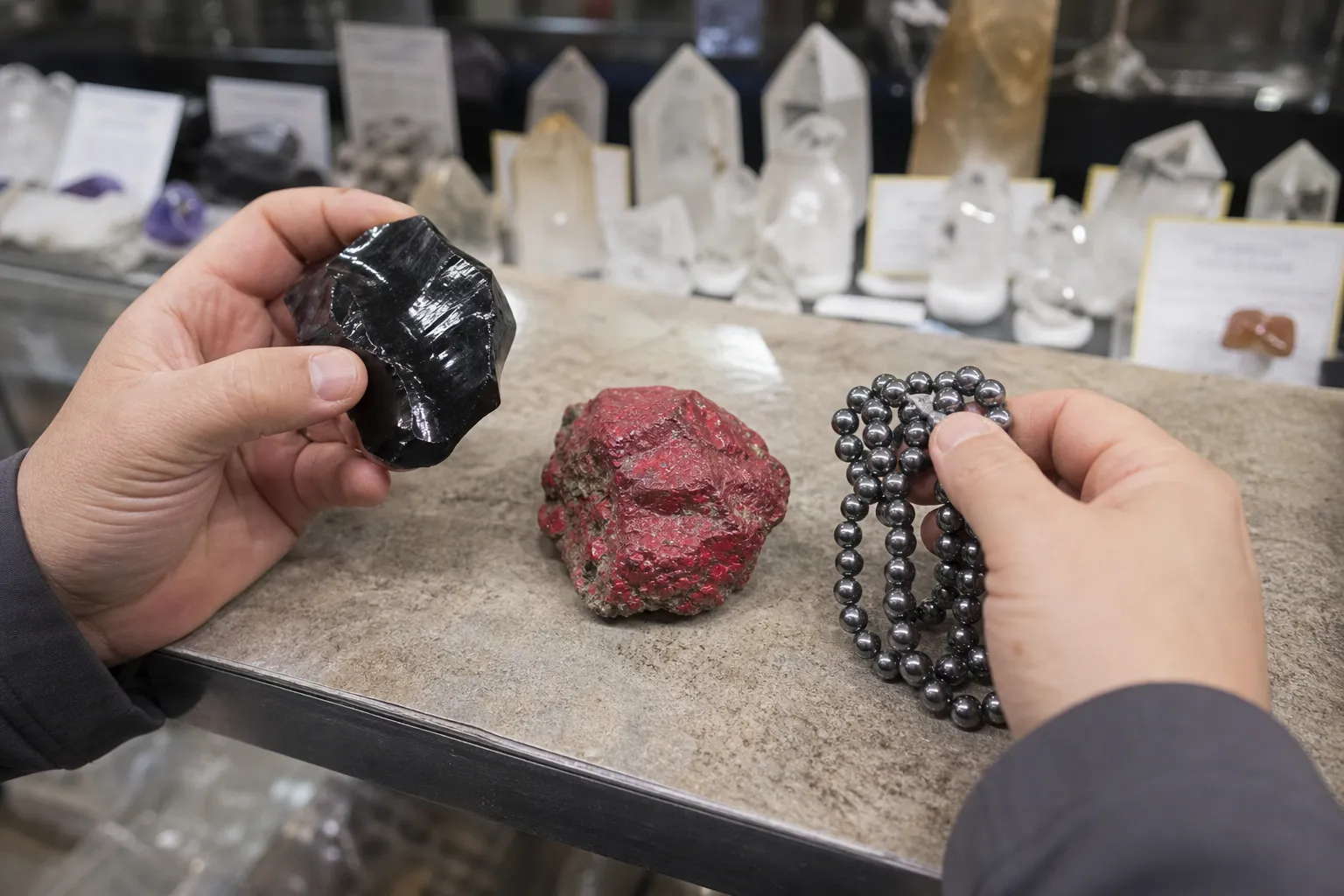 A buyer comparing obsidian, cinnabar, and hematite pieces with unreadable shop labels