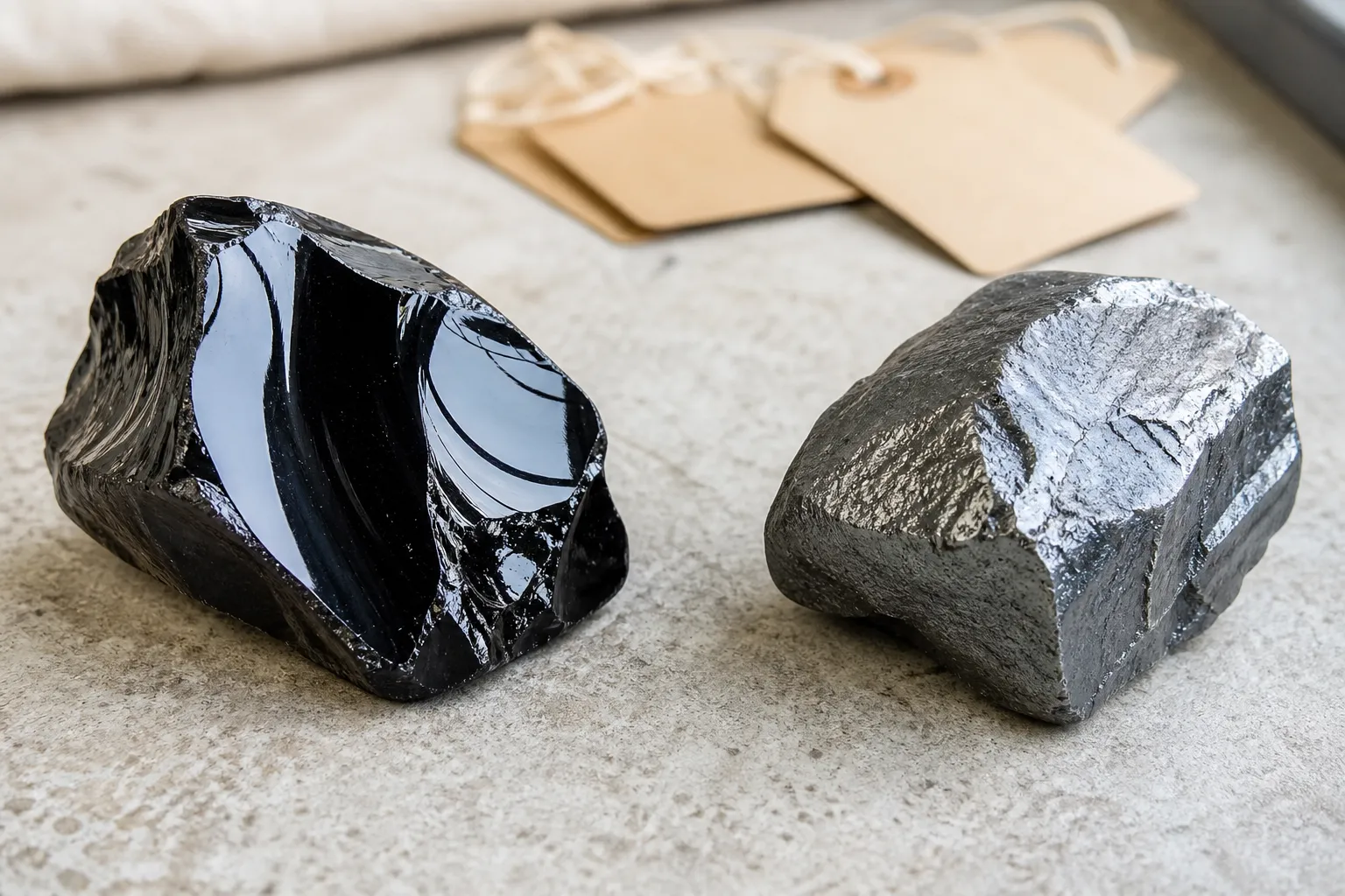Black obsidian and hematite shown side by side to compare shared grounding language with different material identity
