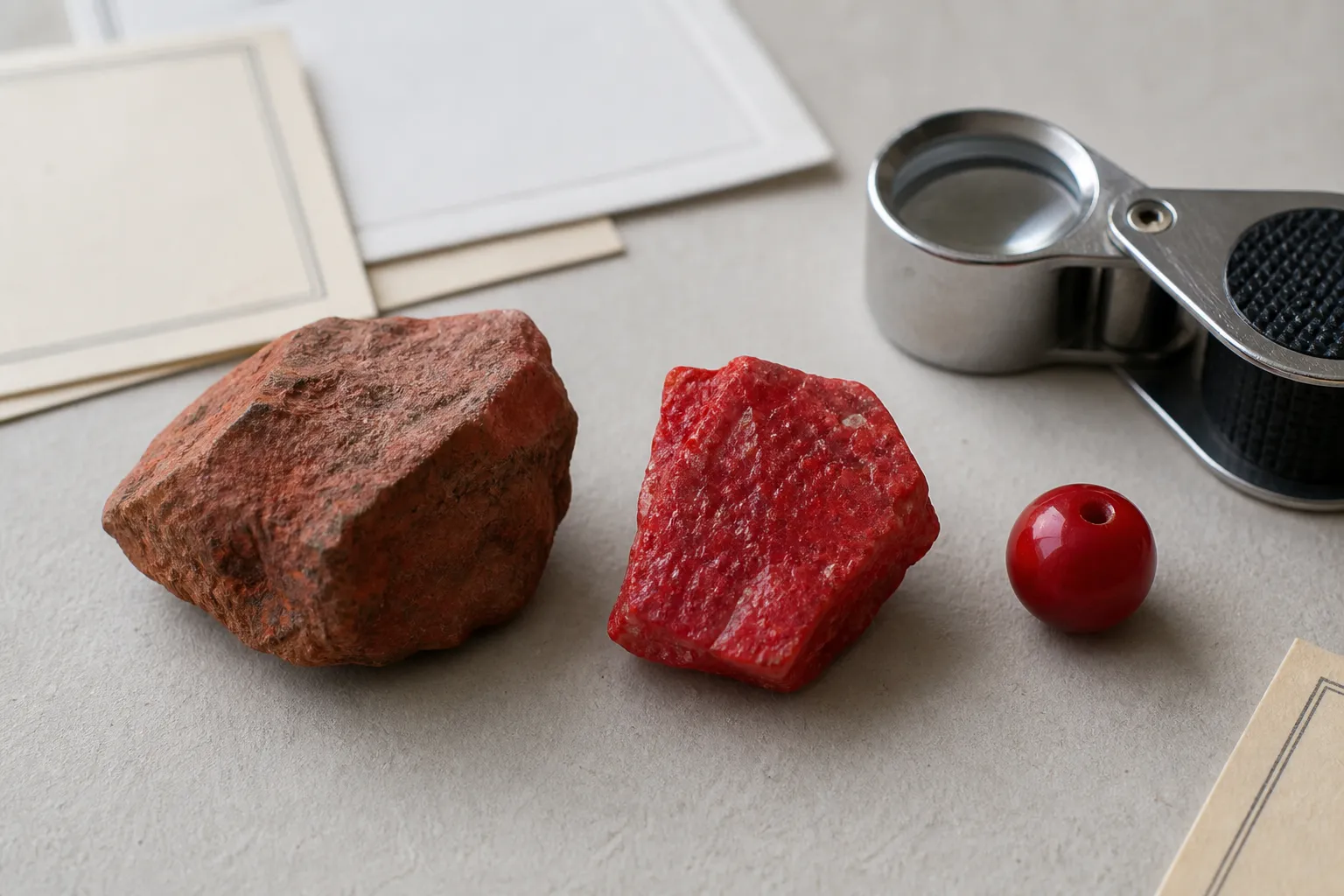 Red hematite-like material and cinnabar-red material compared by color, luster, and surface finish