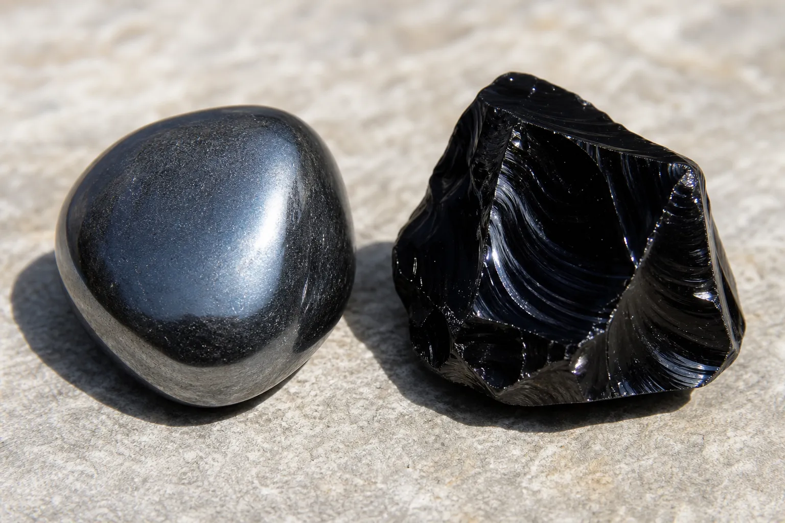 Polished hematite and black obsidian pieces compared under light to show metallic gray and glassy black cues