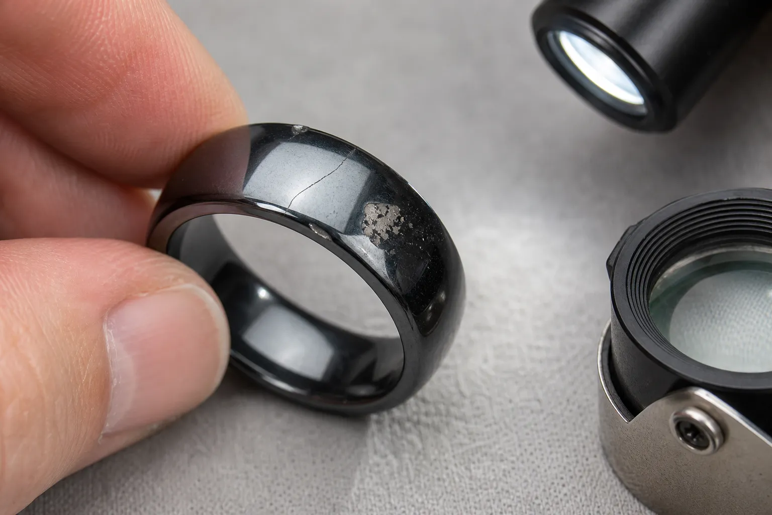 A hematite ring inspected under bright light for cracks chips and flaking finish