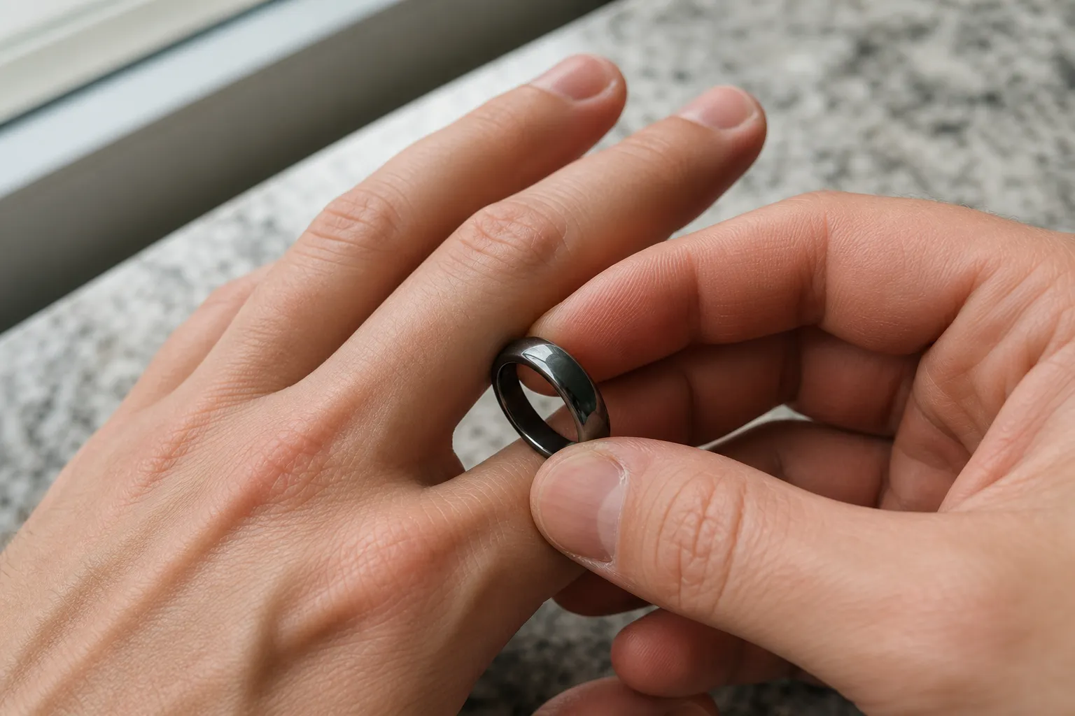 A hematite ring being checked for smooth inner edges and comfortable fit