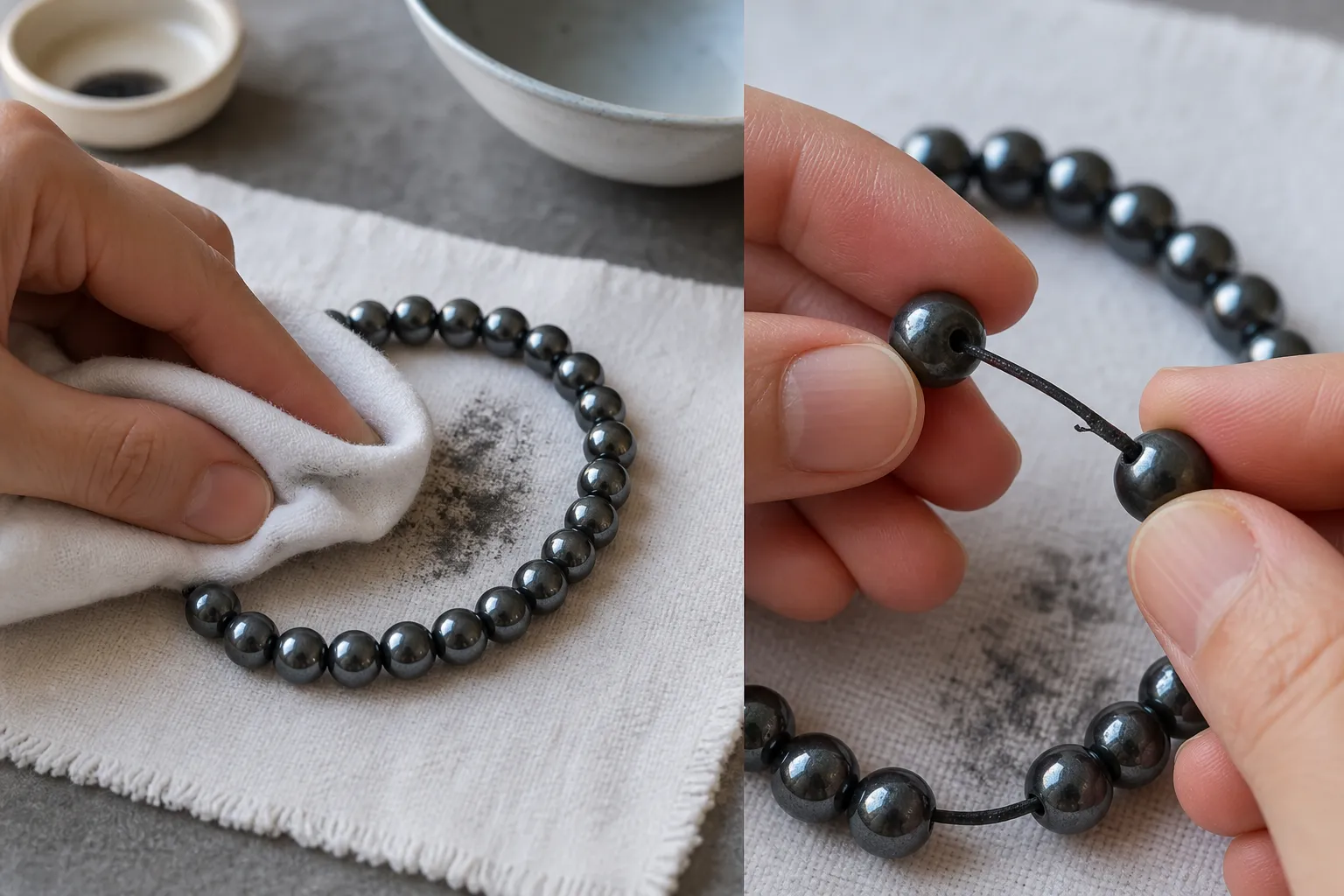 Hematite bracelet beads being wiped with a soft cloth after sweat