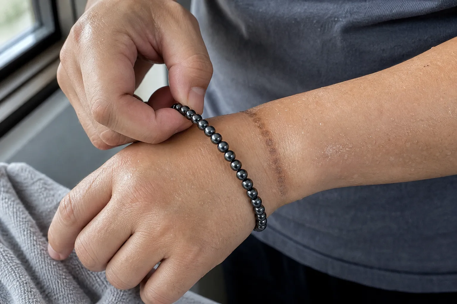 Hematite bracelet being checked after sweat exposure on a wrist