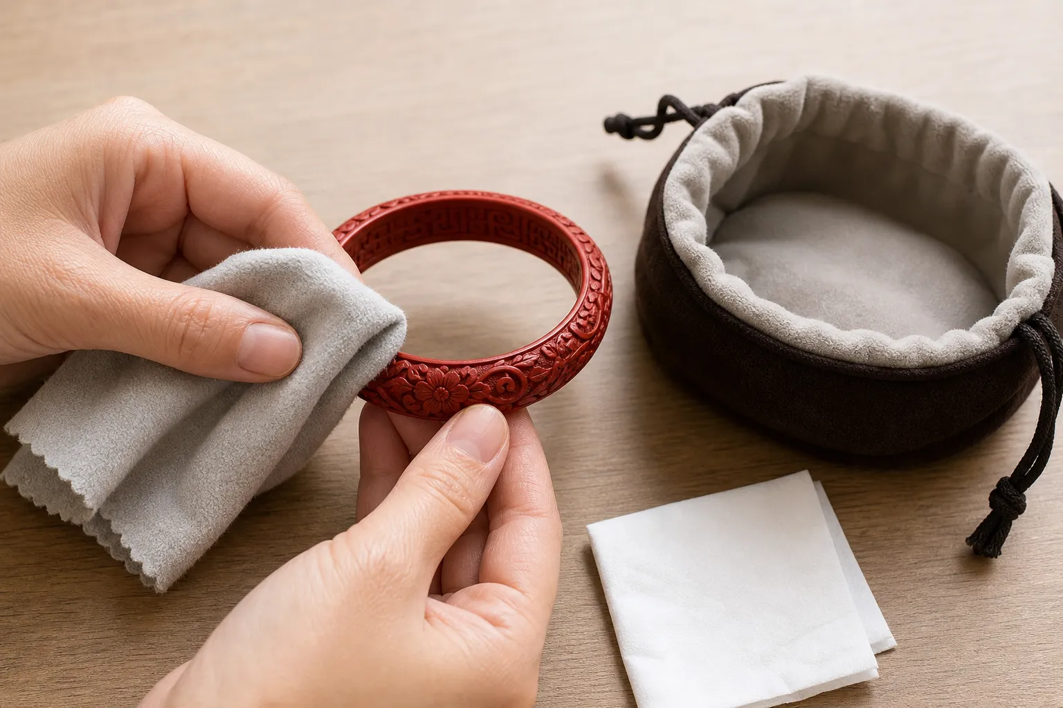 Cinnabar jewelry being wiped gently with a dry cloth before separate storage