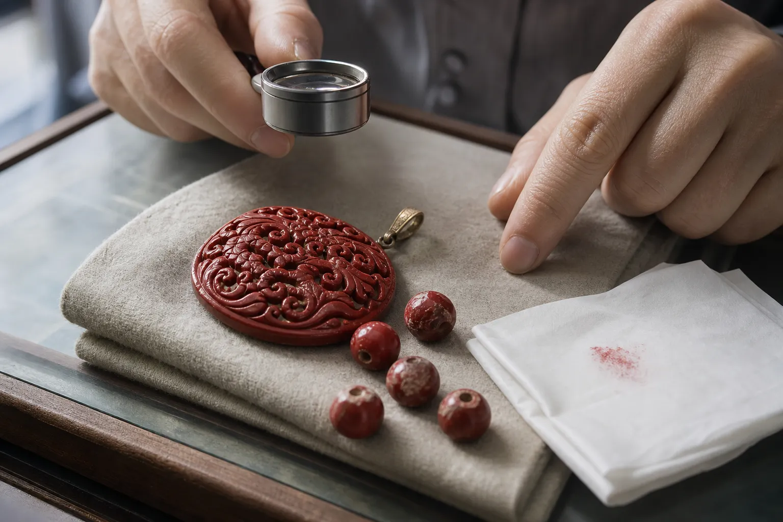Intact cinnabar jewelry beside worn beads being checked for residue and surface damage