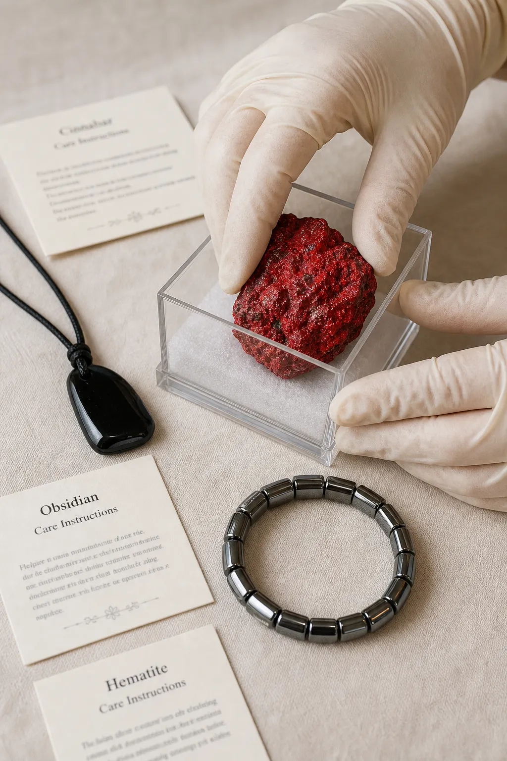 Careful display handling of a red cinnabar specimen contrasted with wearable obsidian and hematite pieces