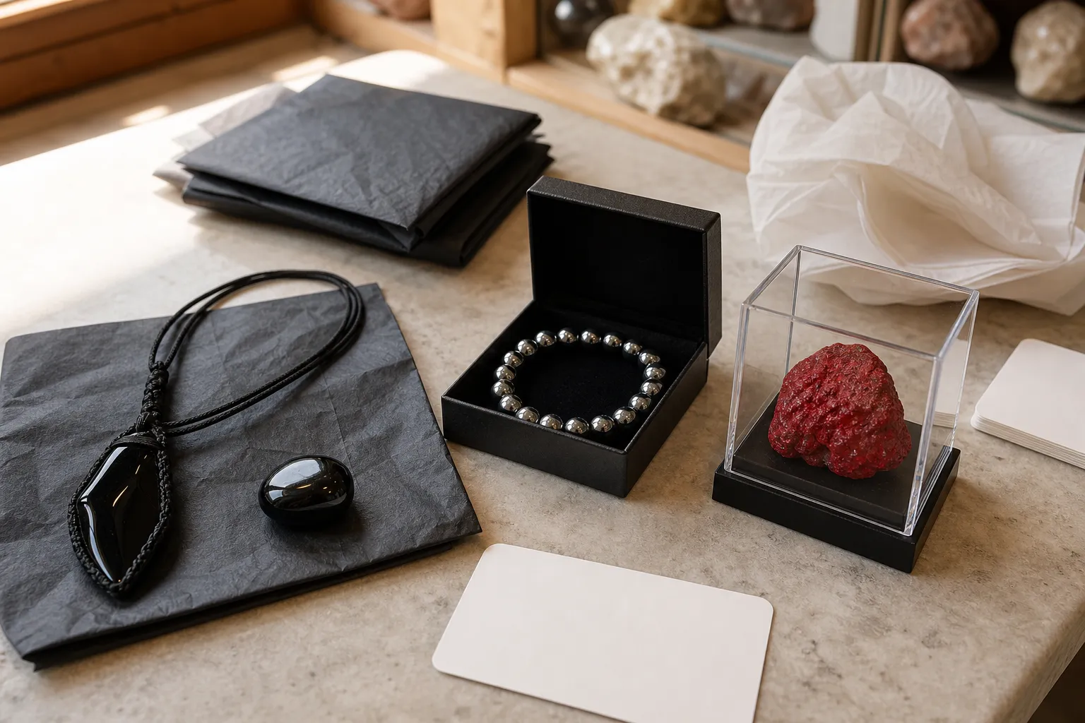 Obsidian, hematite, and cinnabar compared as gift options for different recipient uses