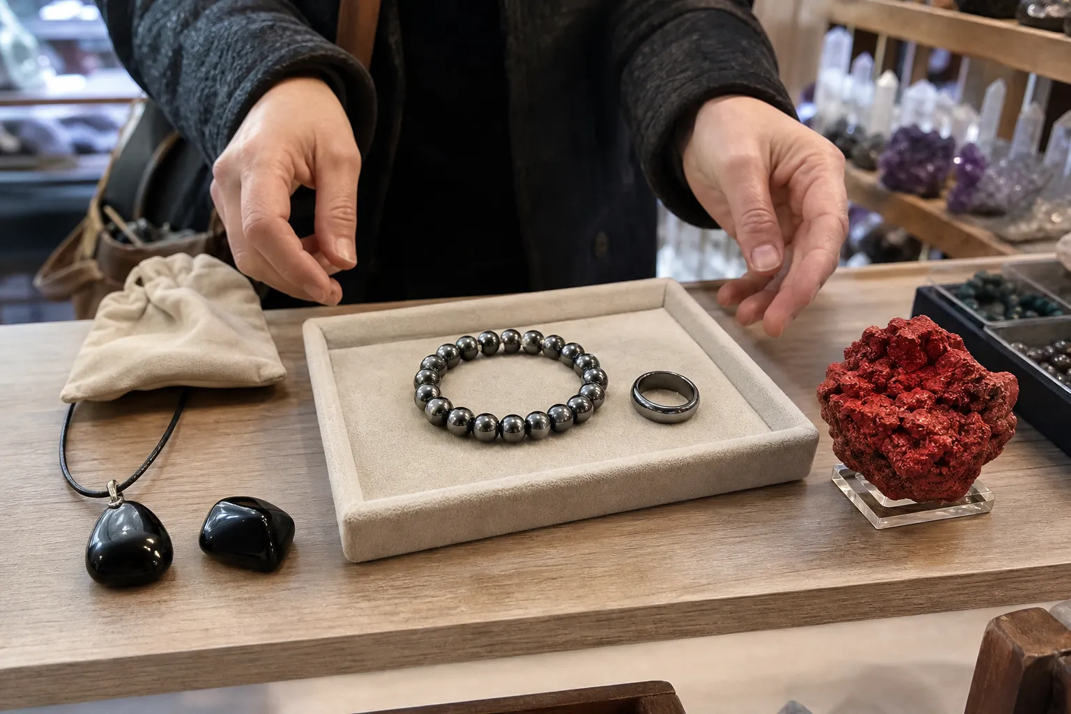 Obsidian, cinnabar, and hematite pieces compared for jewelry, carrying, and display choices
