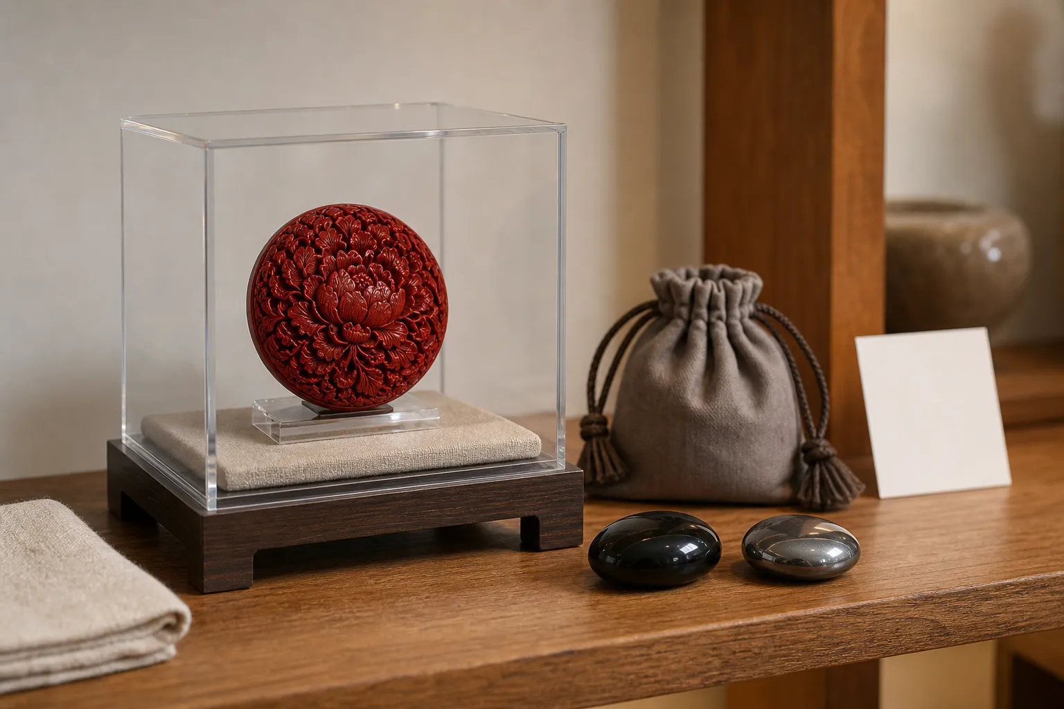 Cinnabar display piece kept separate from obsidian and hematite carry stones