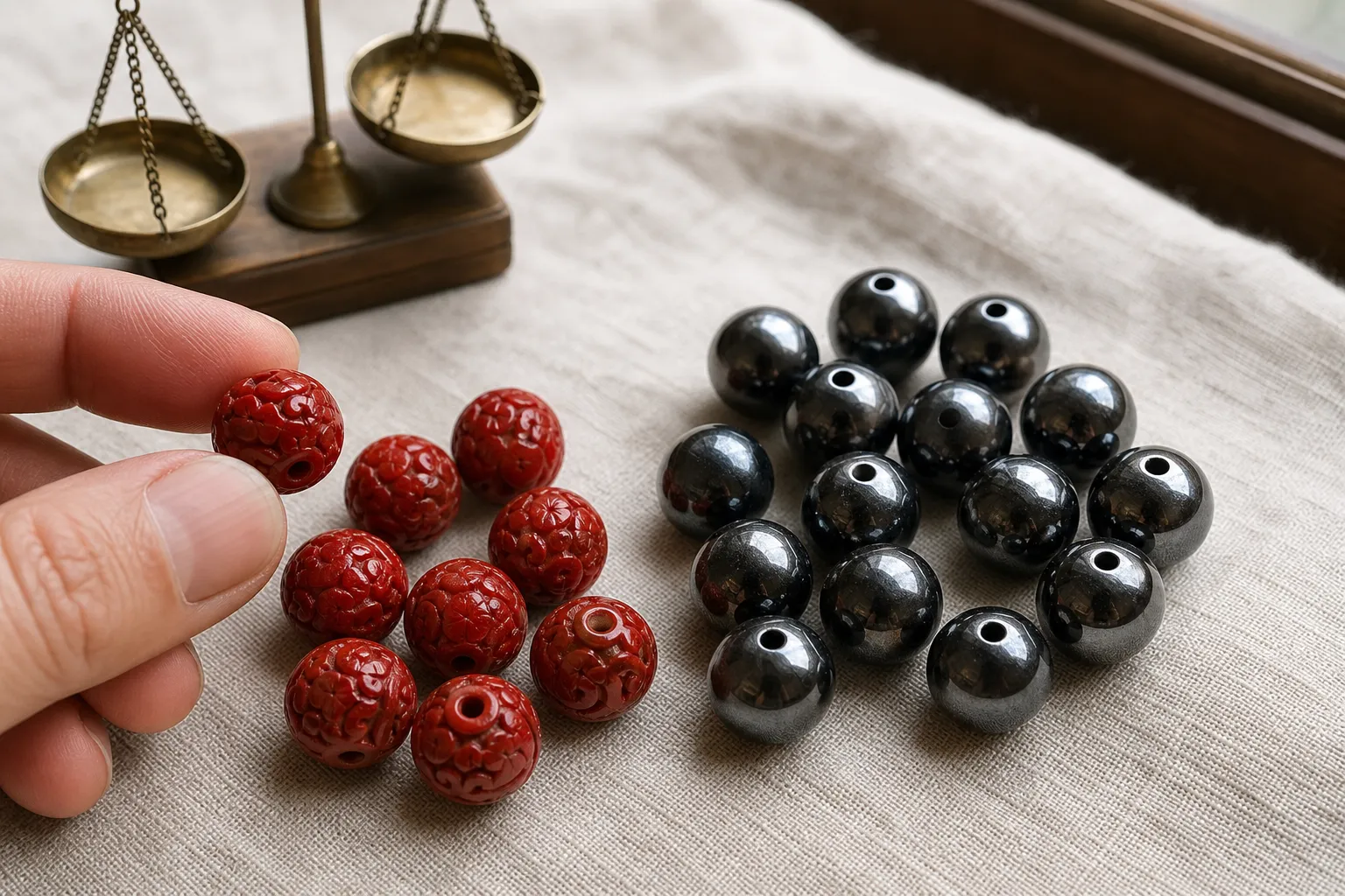 Red cinnabar-style beads beside dark metallic hematite-like beads for comparing color, finish, and weight clues