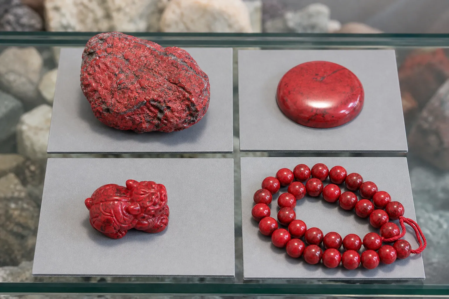 Rough, polished, carved, and bead-like red objects showing why object type affects color judgment