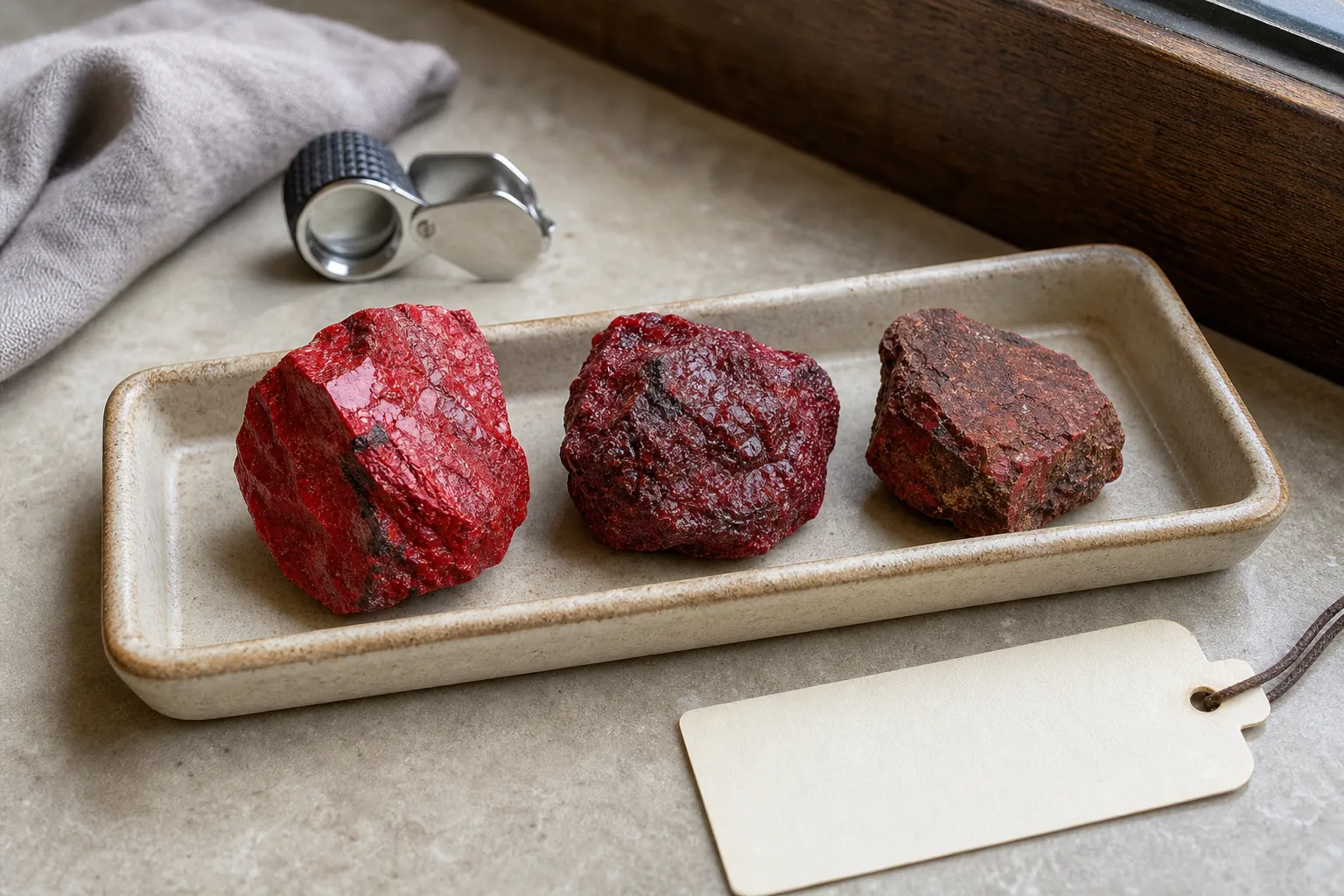 Cinnabar-like pieces showing red, dark red, and red-brown color ranges as limited visual clues
