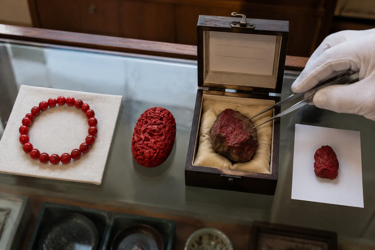 Cinnabar jewelry and a raw specimen arranged to compare display use, occasional wear, and lower-contact handling choices