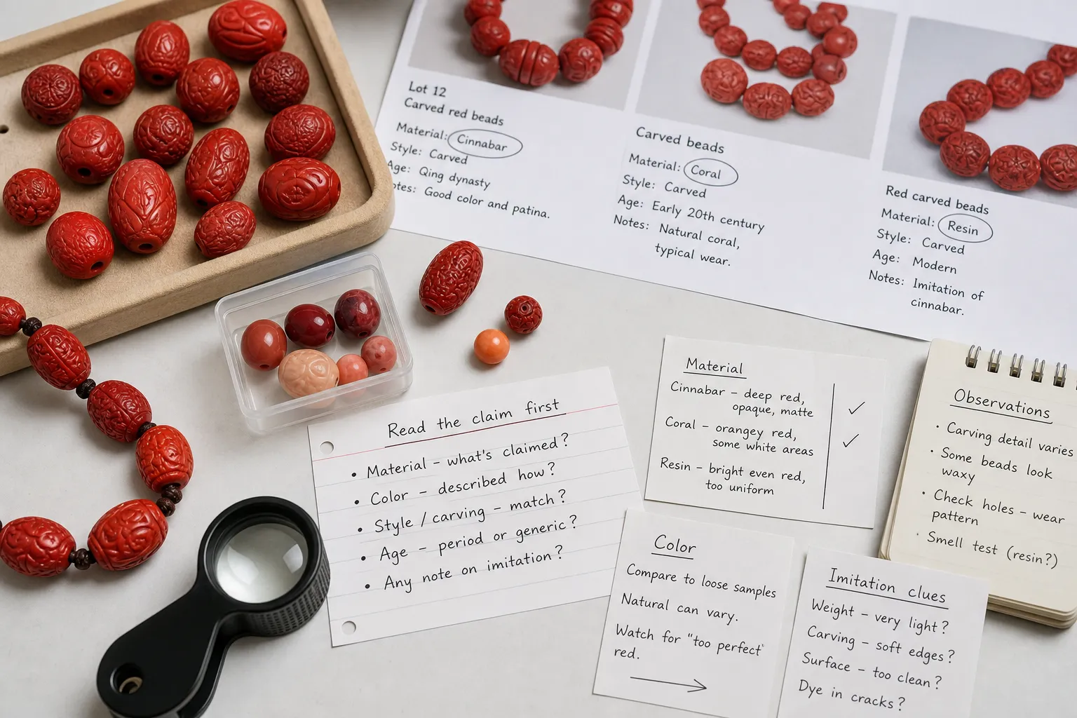 Cinnabar bead listings compared by claim type rather than color alone