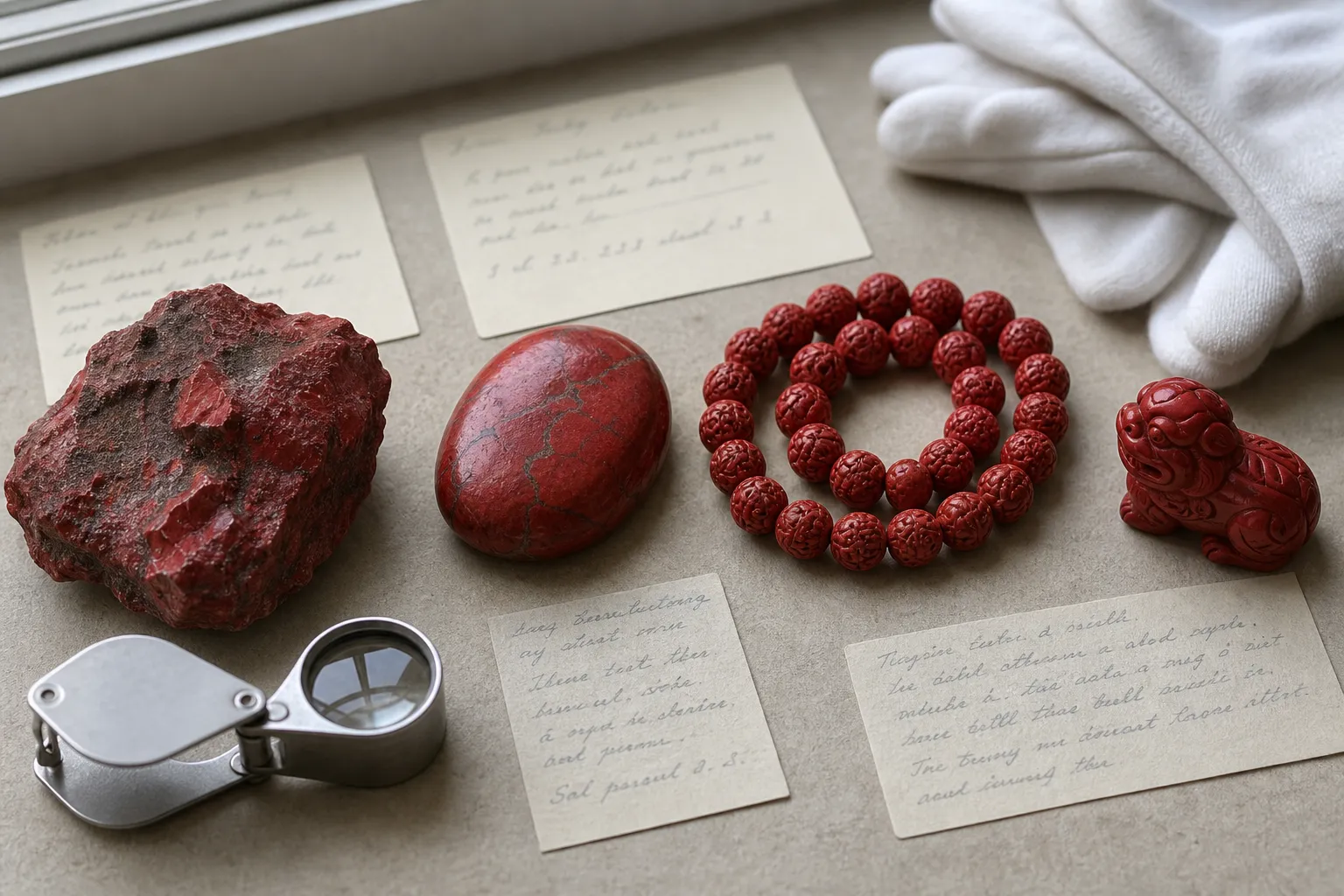 Red stones and beads arranged for cautious cinnabar identification checks