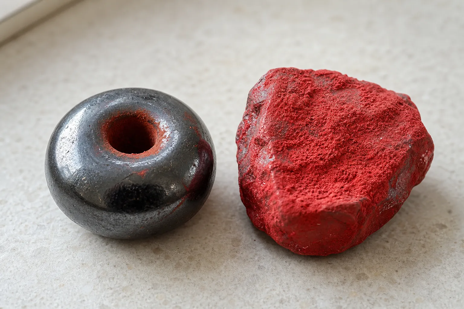 Red residue near a drilled hematite-like bead hole compared with a powdery red surface on a cinnabar-labeled piece