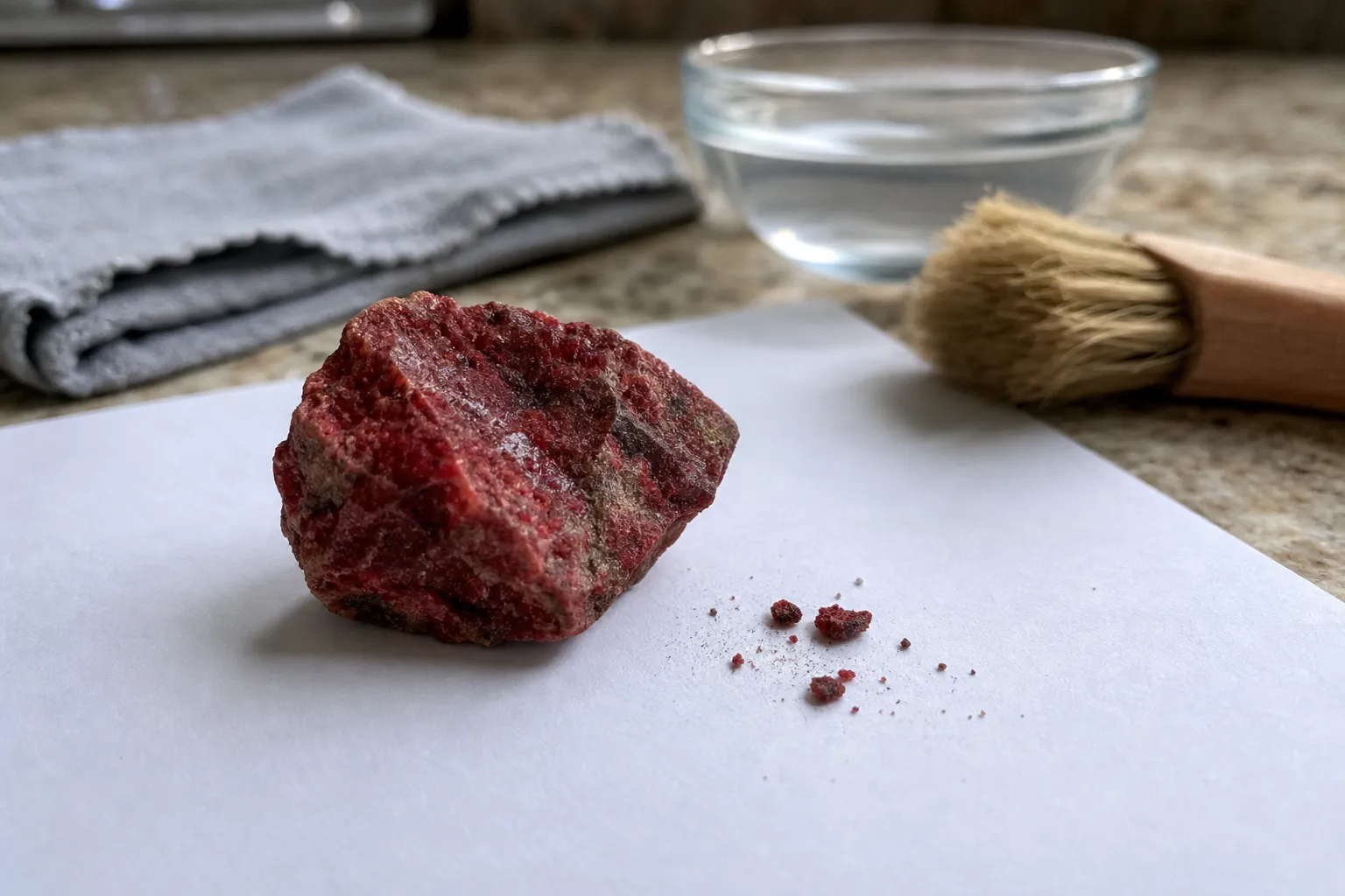 Uncertain red mineral with loose residue separated before any brushing or soaking