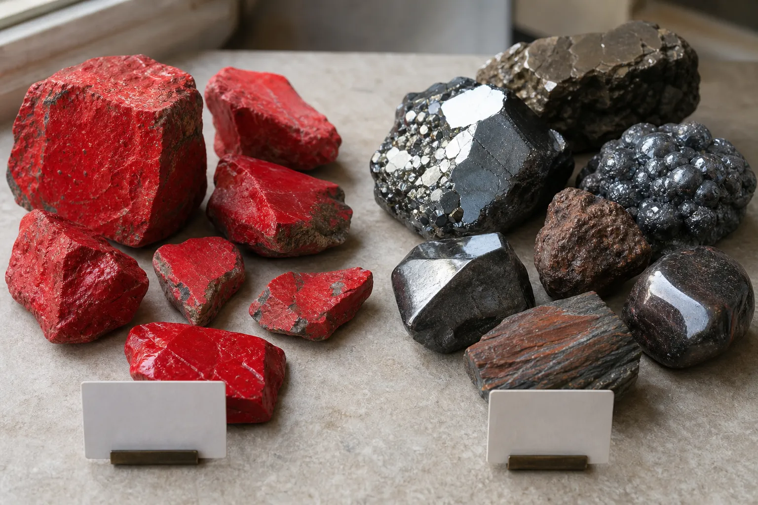 Cinnabar-like red material beside dark metallic hematite-like pieces for color comparison