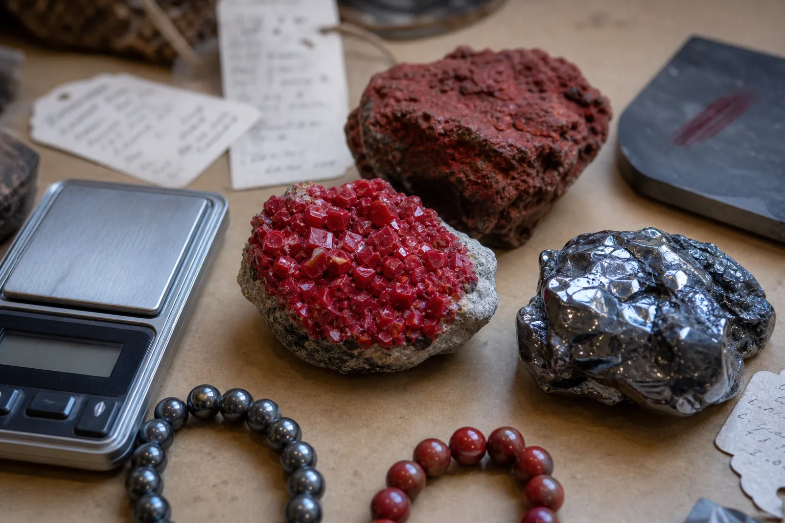Cinnabar and hematite pieces compared for red color, metallic shine, and weight impression