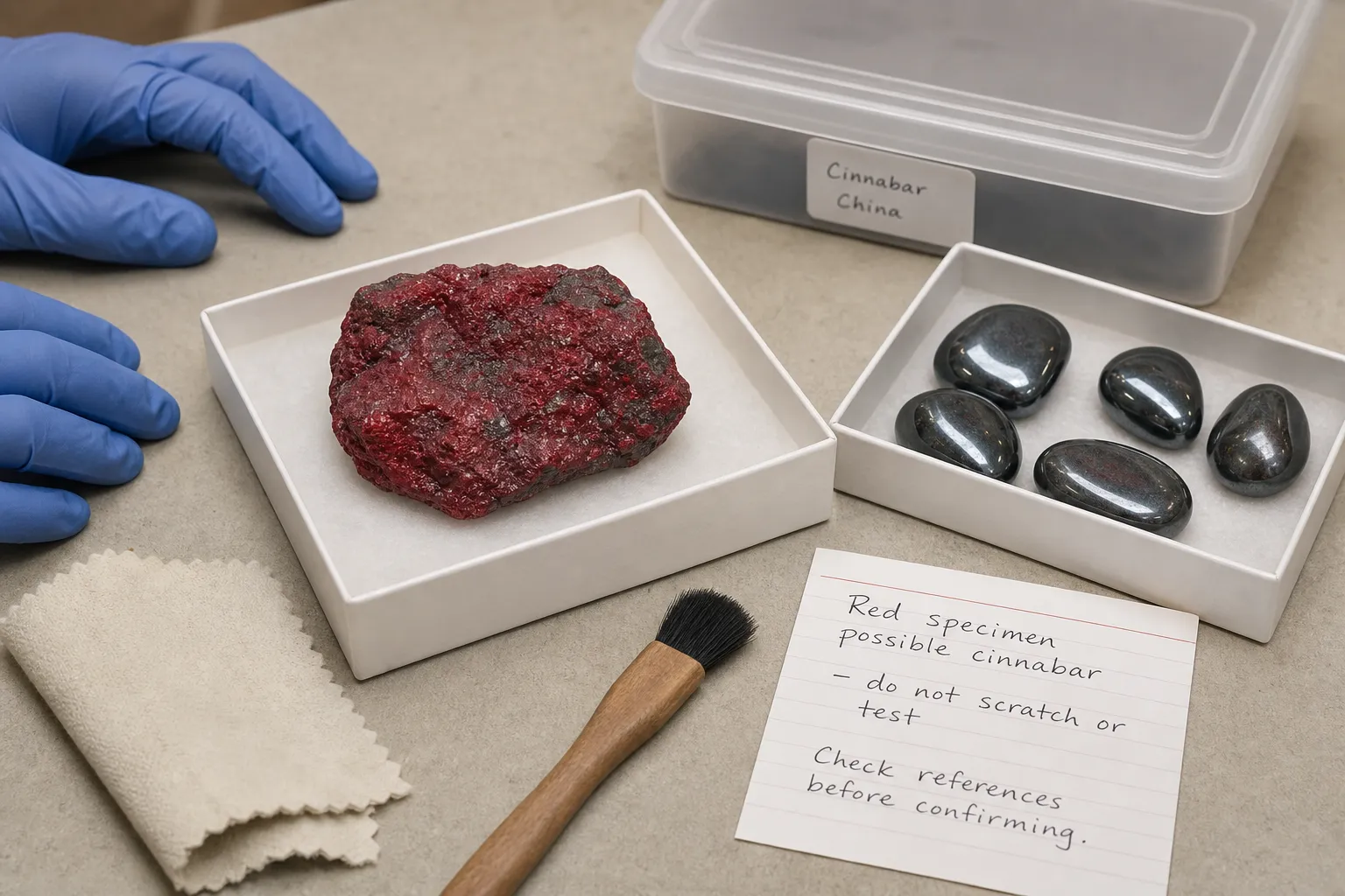 Careful handling setup for a raw red cinnabar specimen beside hematite pieces