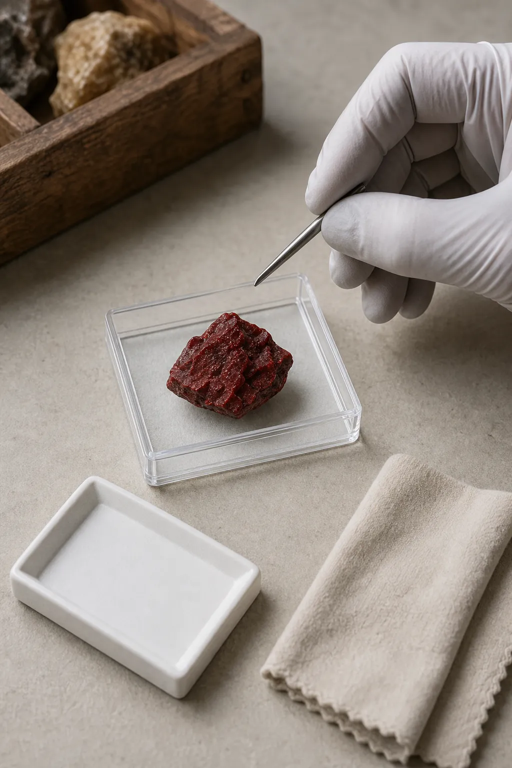 A red mineral specimen set aside with no scraping to show the dust-avoidance caution for possible cinnabar