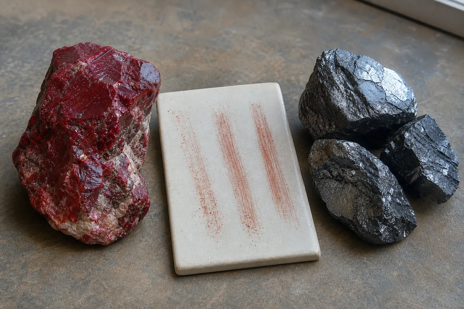 Cinnabar-colored material and hematite pieces beside a porcelain streak plate showing why red-family powder is only a clue