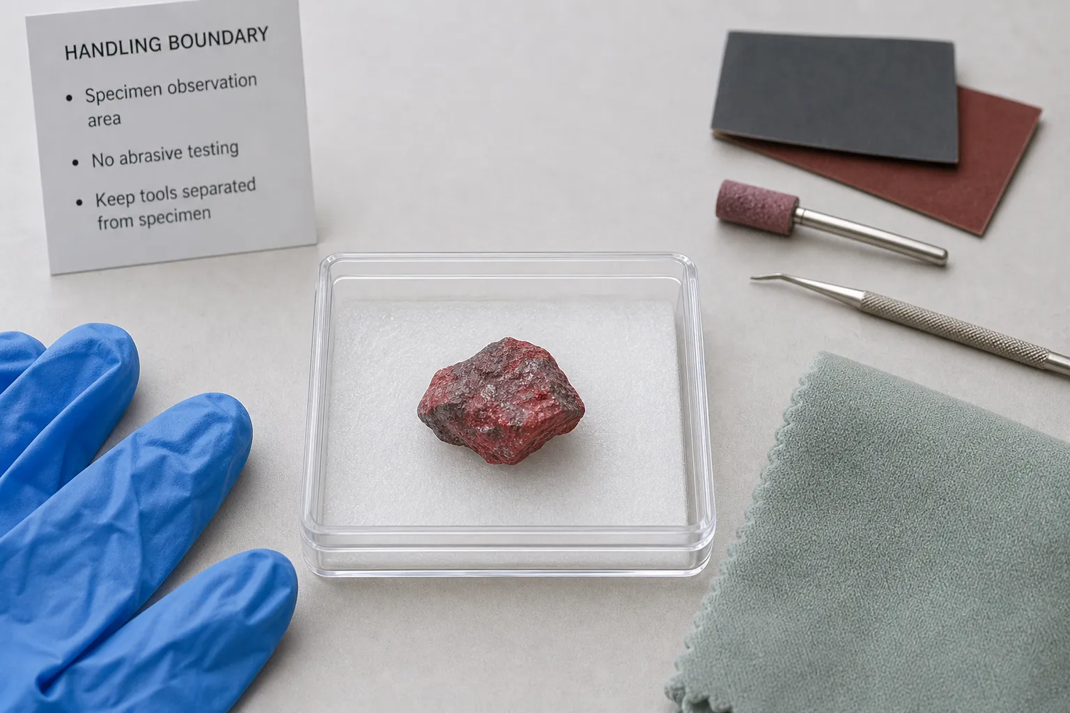 A suspected cinnabar specimen kept separate from abrasive tools and casual handling surfaces