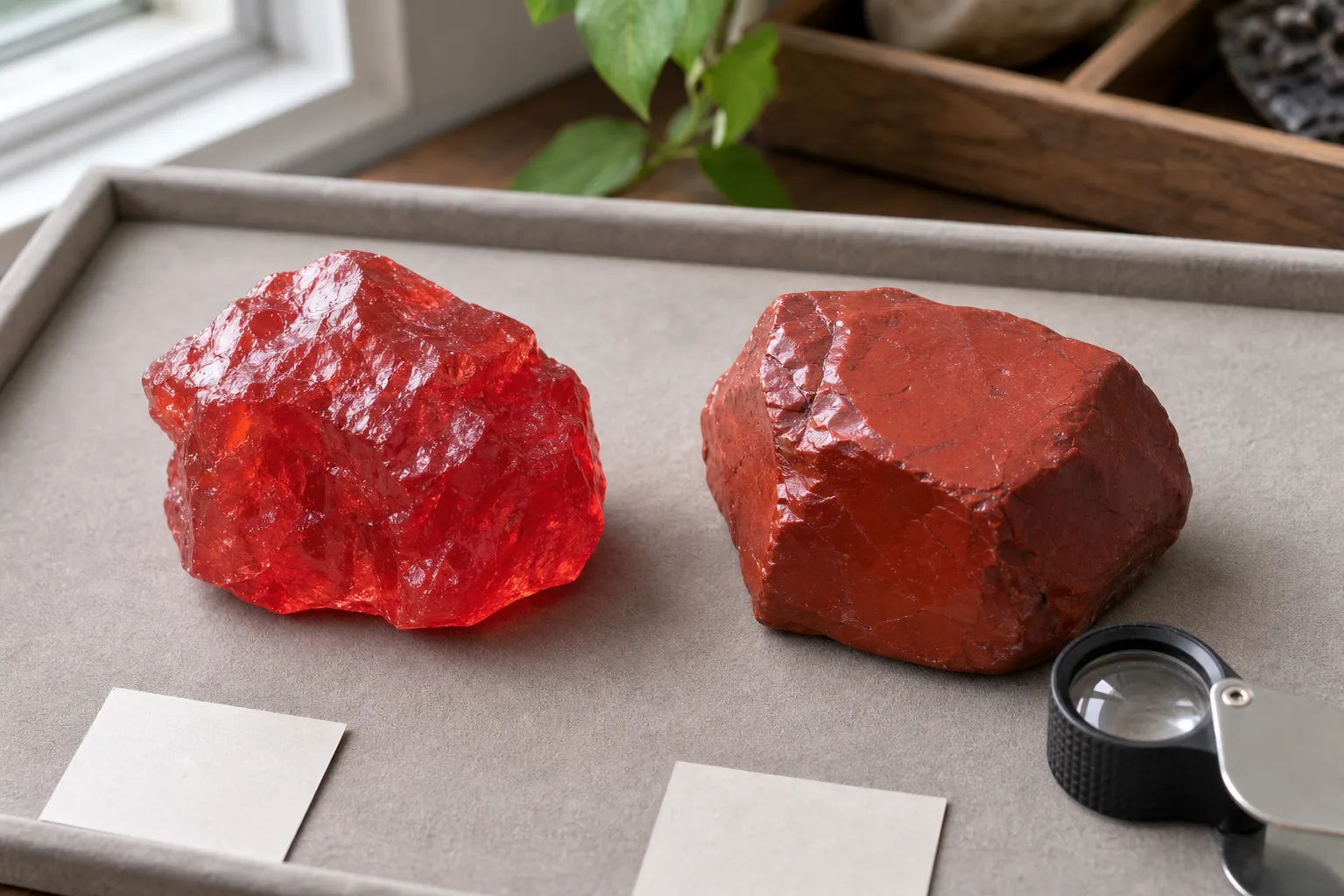 Side-by-side red mineral specimens showing cinnabar-like and red jasper-like visual differences