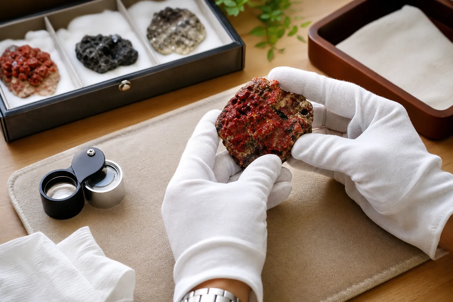 Careful handling setup for an uncertain red mineral specimen without scraping or powder-producing tests
