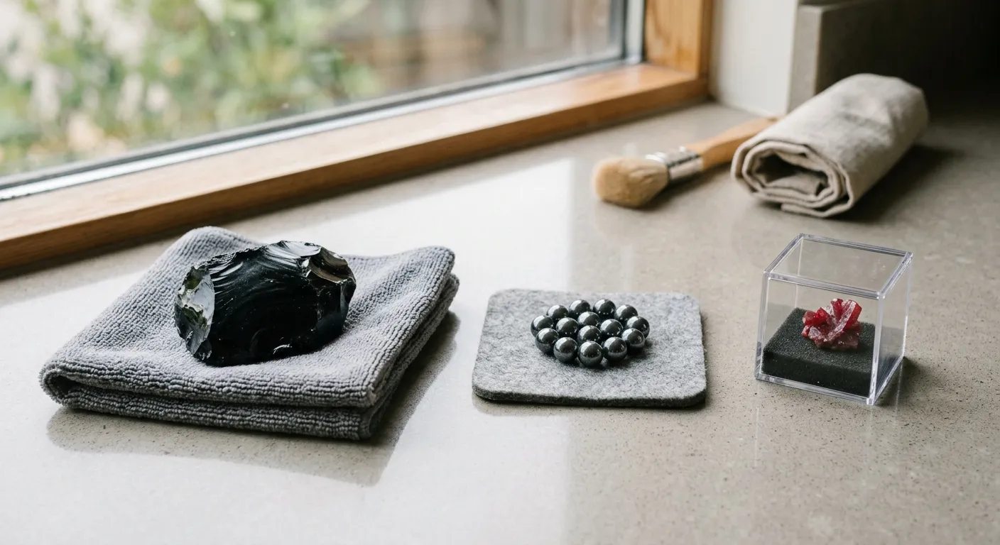 Obsidian, cinnabar, and hematite arranged separately with soft cloths and low-contact storage cues