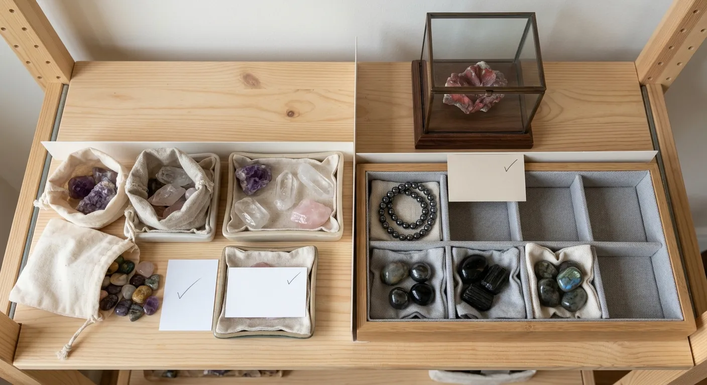 Separated crystal storage zones for everyday pieces, finish-sensitive hematite, and low-contact cinnabar