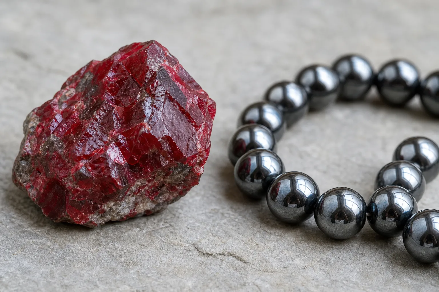 Red cinnabar-like material beside steel-gray hematite-like beads showing different kinds of shine