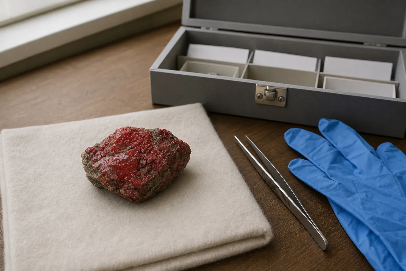 Suspected cinnabar specimen kept intact near a soft storage surface instead of being scraped or heated