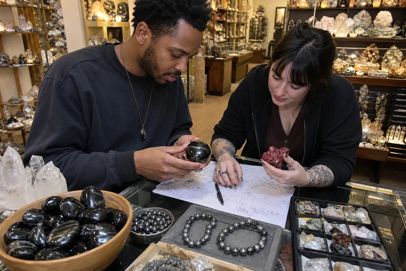 Hands reviewing obsidian, cinnabar, and hematite notes beside real mineral pieces