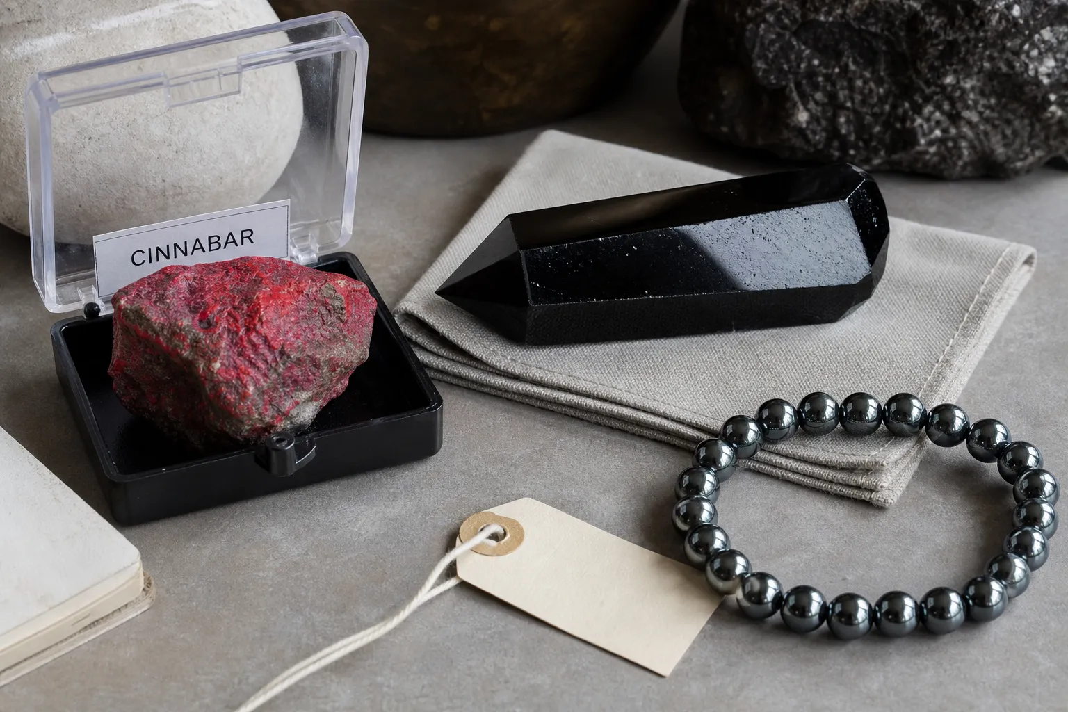 Cinnabar-labeled piece, dark obsidian, and metallic hematite jewelry arranged for handling comparison