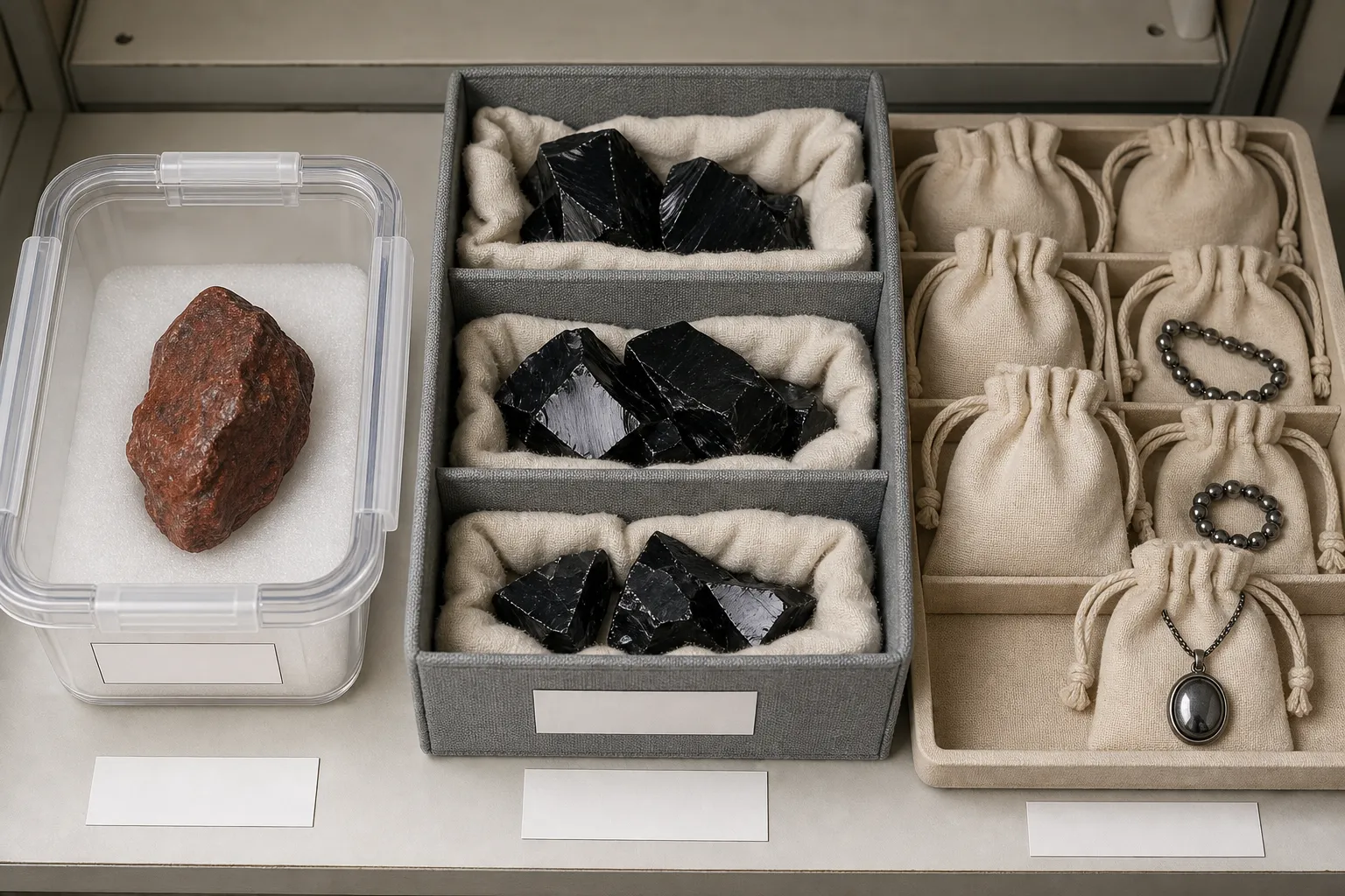 Questionable crystals separated into closed storage, wrapped sharp pieces, and dry jewelry pouches