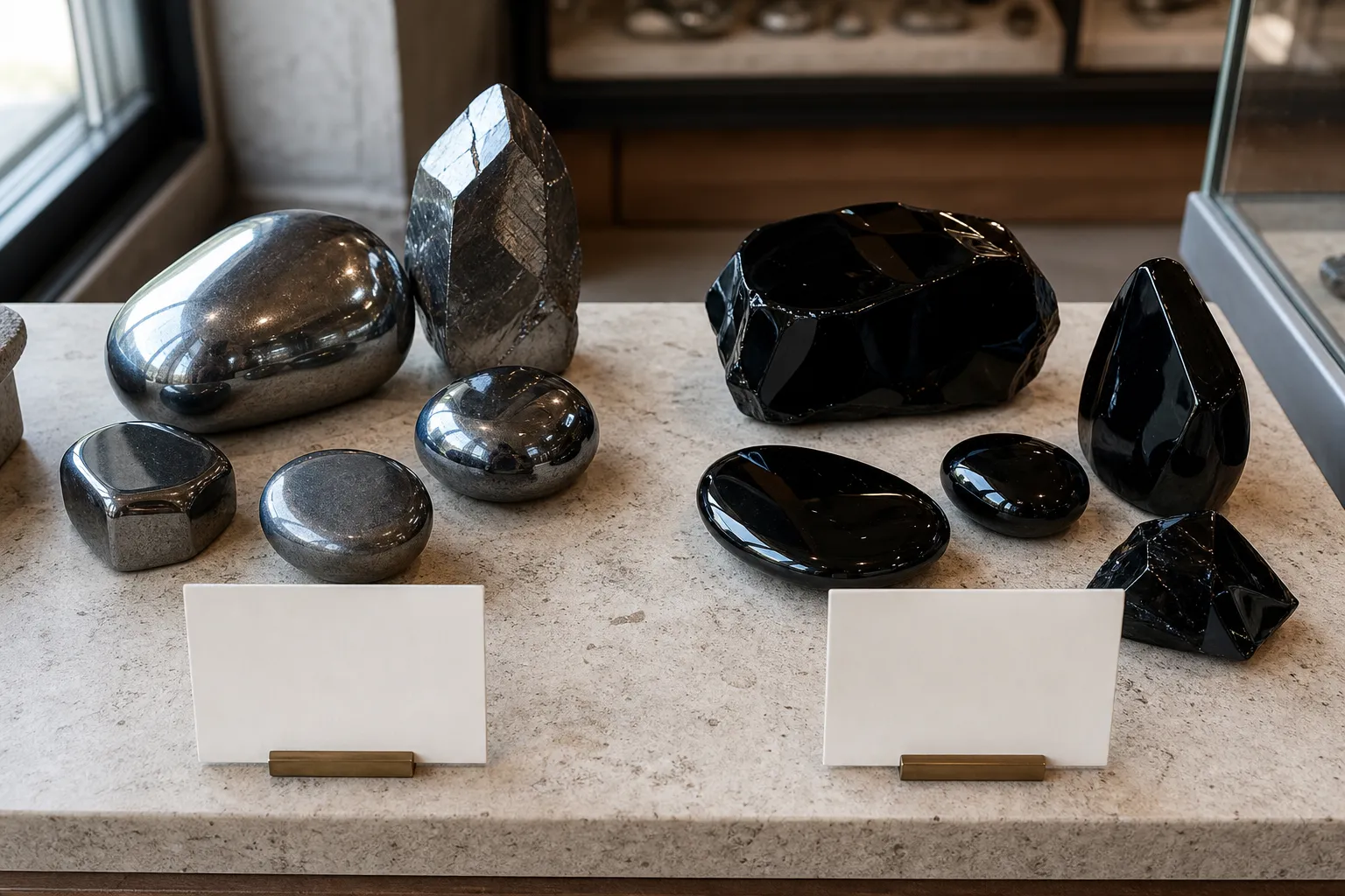 Polished hematite and black obsidian compared by metallic gray shine and glossy black surface