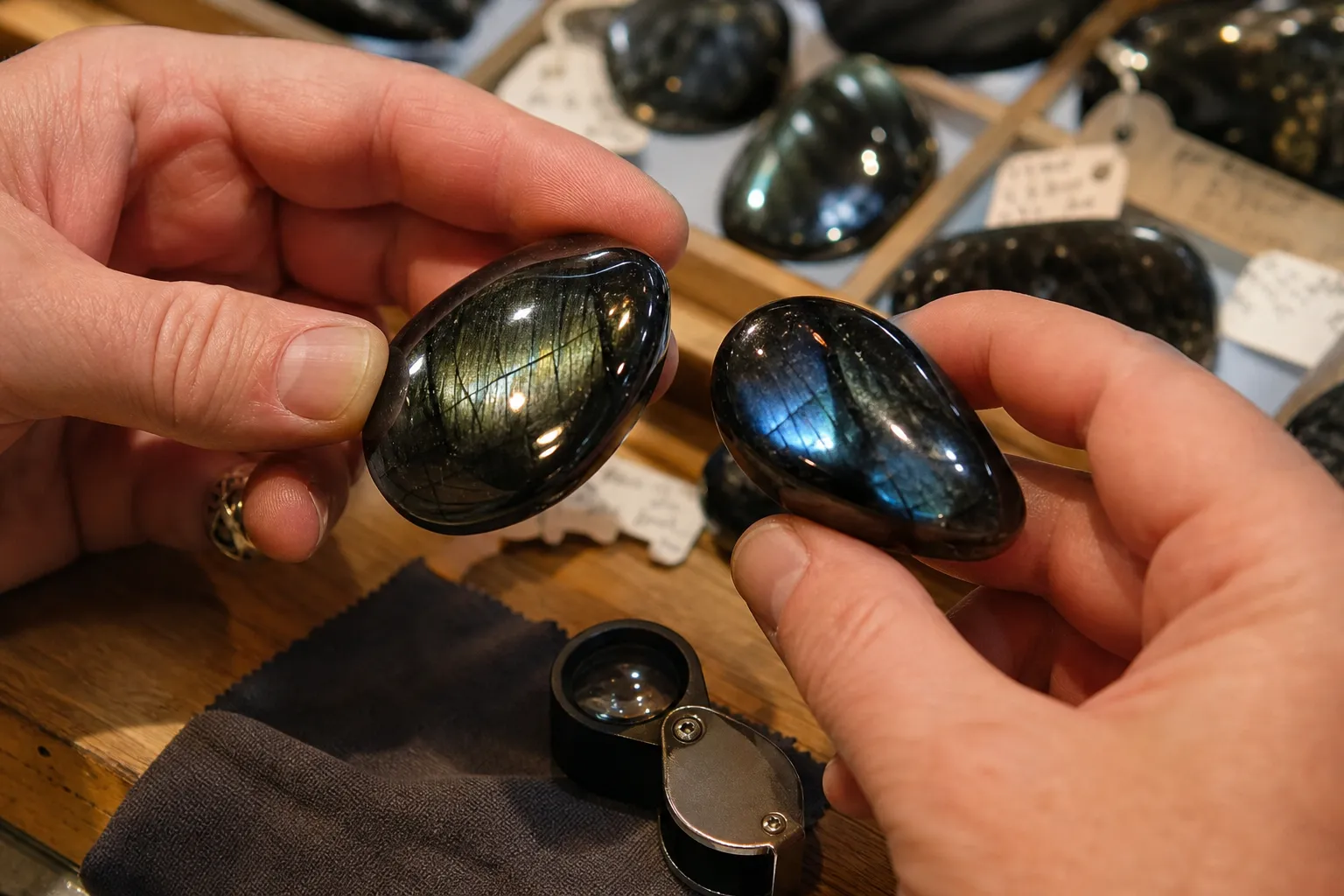 Dark polished stones checked for metallic hematite cues and glassy black obsidian cues in shop lighting